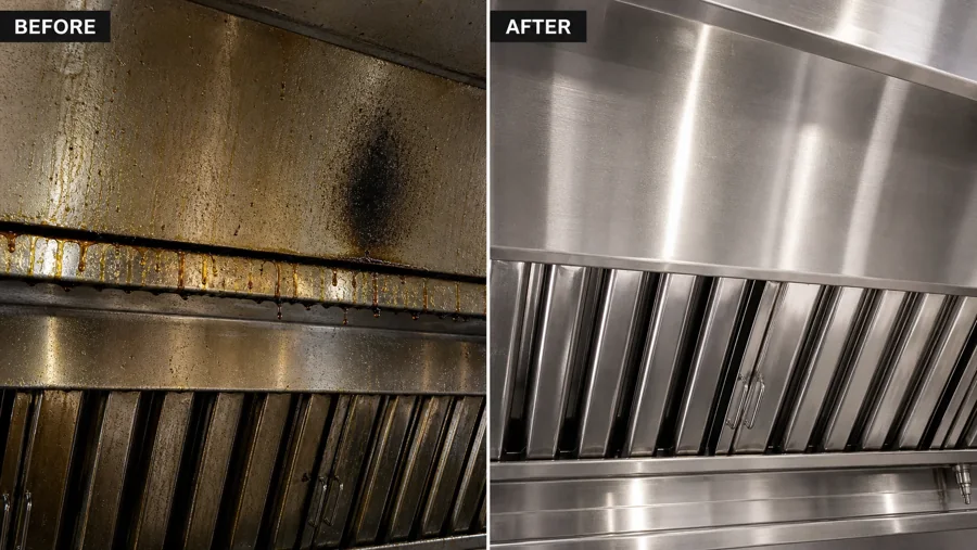 Supplied before-and-after comparison showing grease on a hood and filters beside clean stainless-steel surfaces