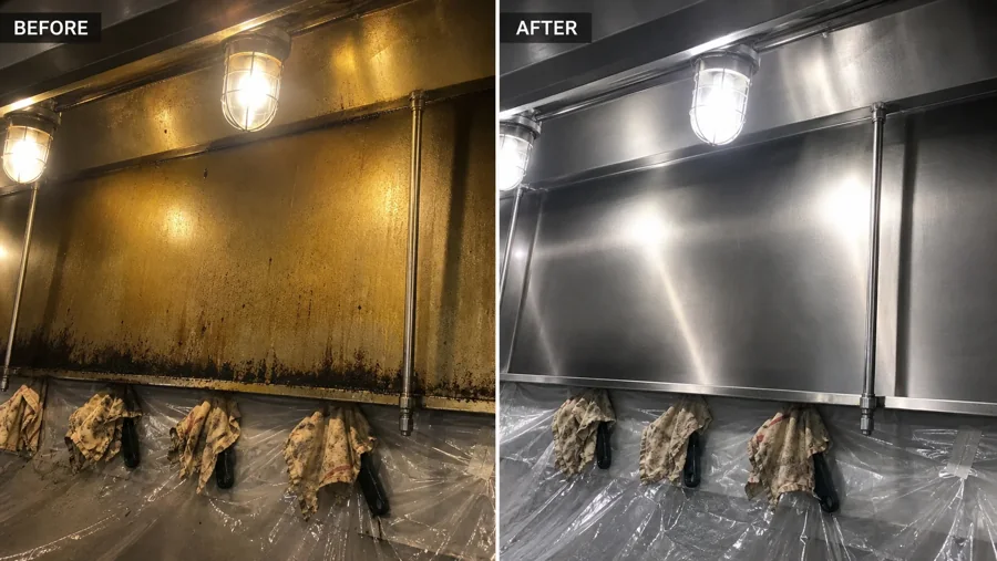 Supplied before-and-after comparison showing a grease-covered hood interior beside a cleaned stainless-steel interior